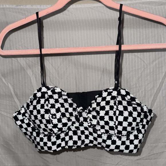 Meraki Tops - Meraki Black and White Checkered Sequin Bra Top